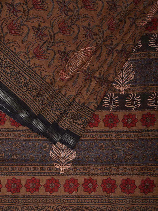 Dark Mustard Digital Print Cotton Saree with Floral Kalamkari Design o0652