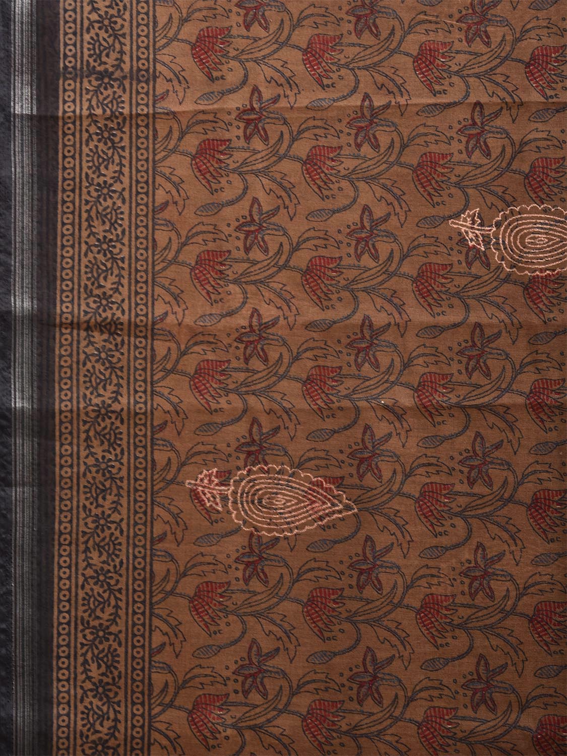 Dark Mustard Digital Print Cotton Saree with Floral Kalamkari Design o0652