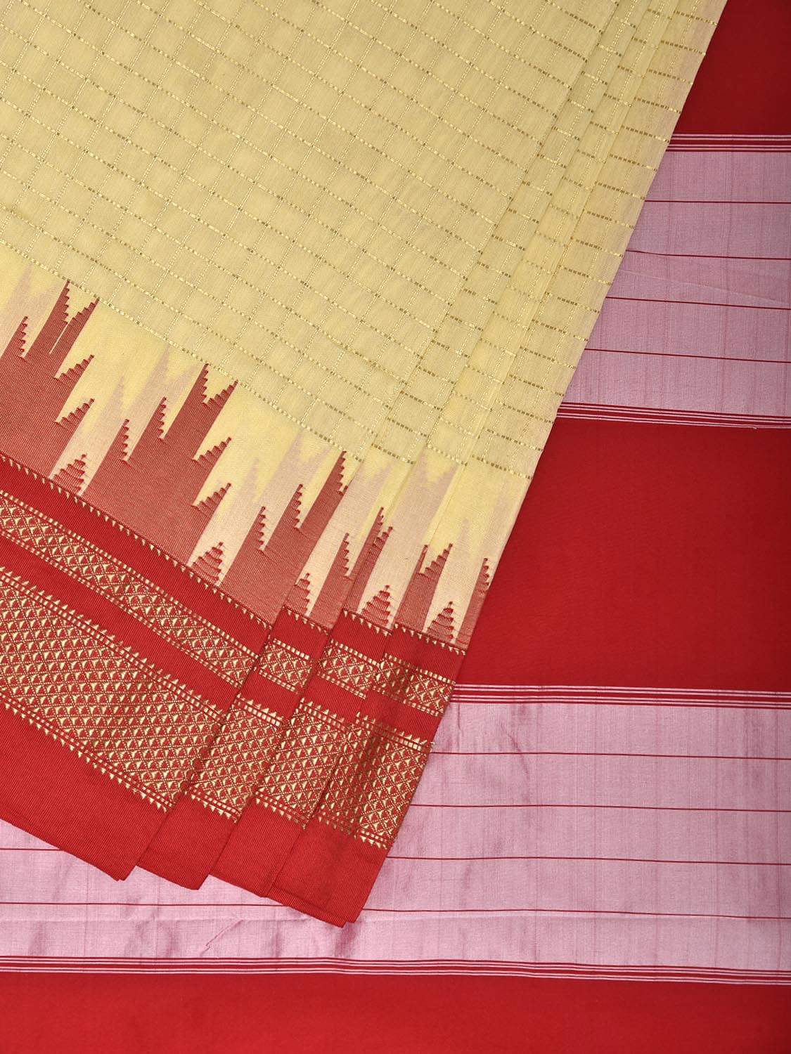 Cream and Red ilkal Viscose Saree with Temple Border and Checks Design o0685