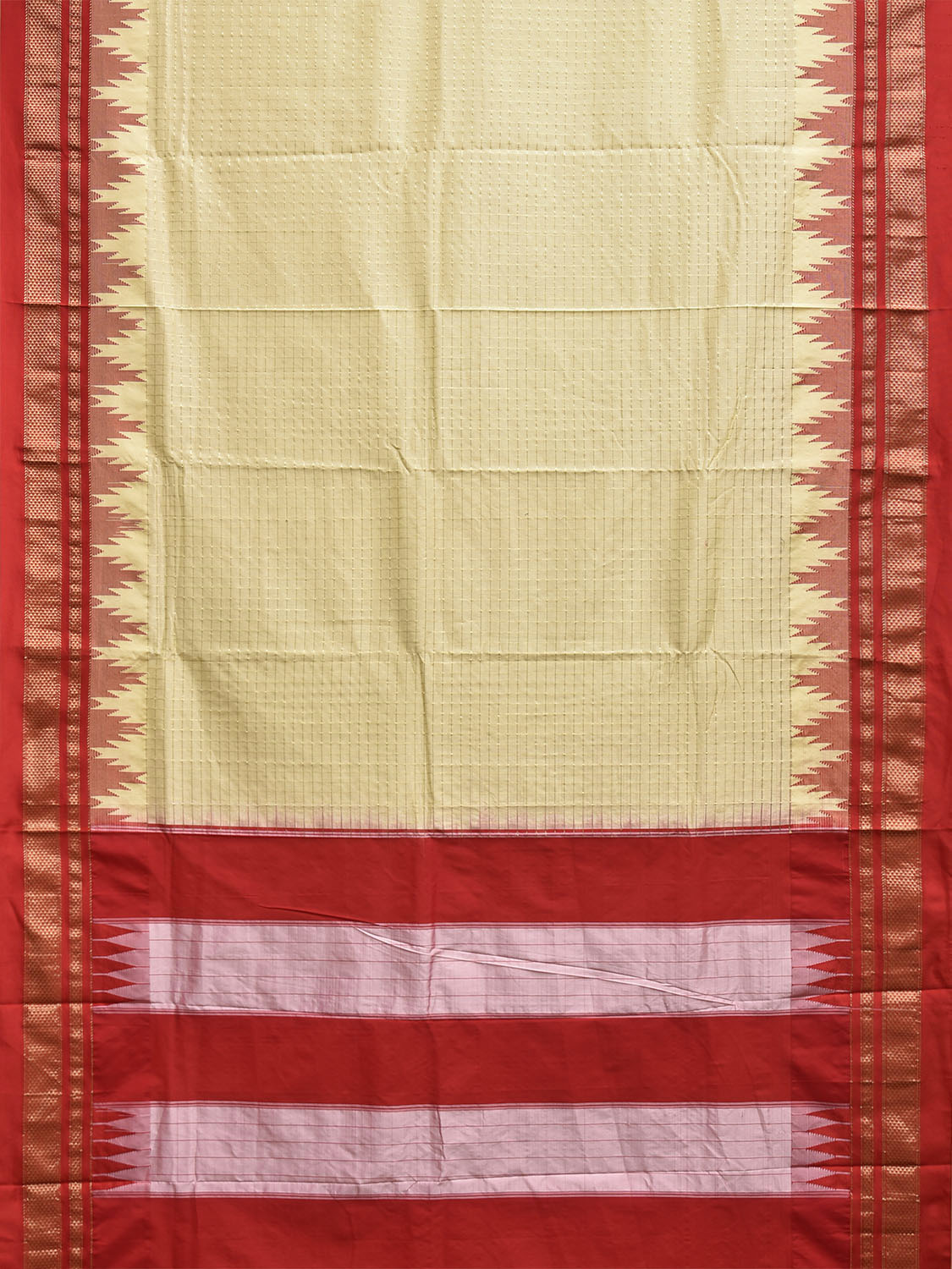 Cream and Red ilkal Viscose Saree with Temple Border and Checks Design o0685