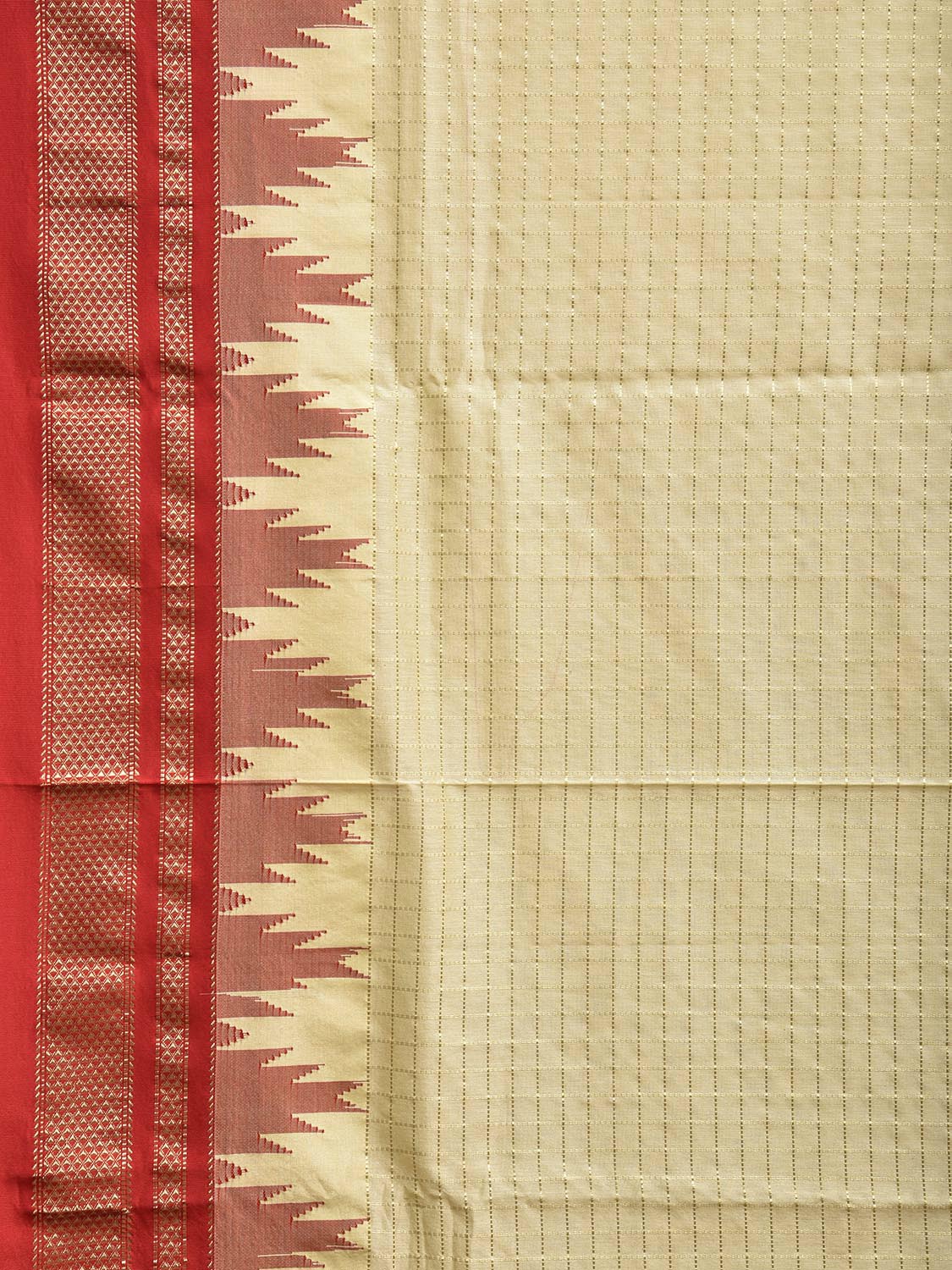 Cream and Red ilkal Viscose Saree with Temple Border and Checks Design o0685