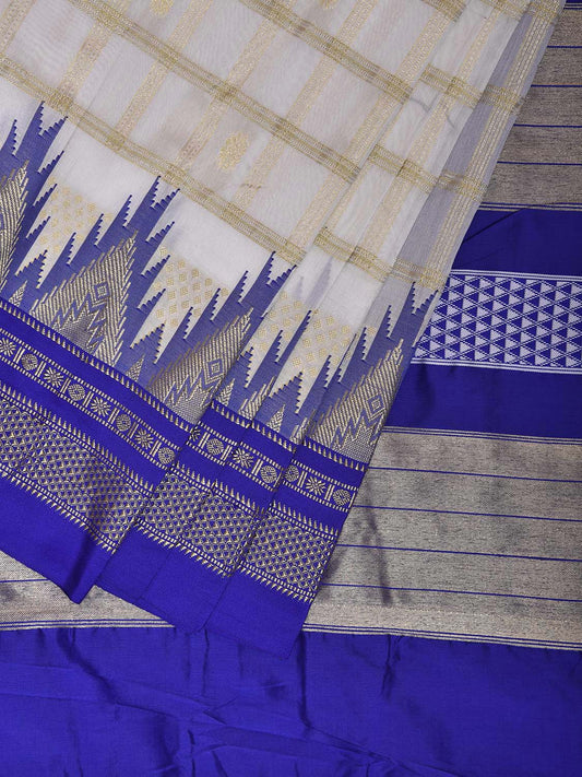 White and Blue ilkal Viscose Saree with Temple Border and Checks Design o0686