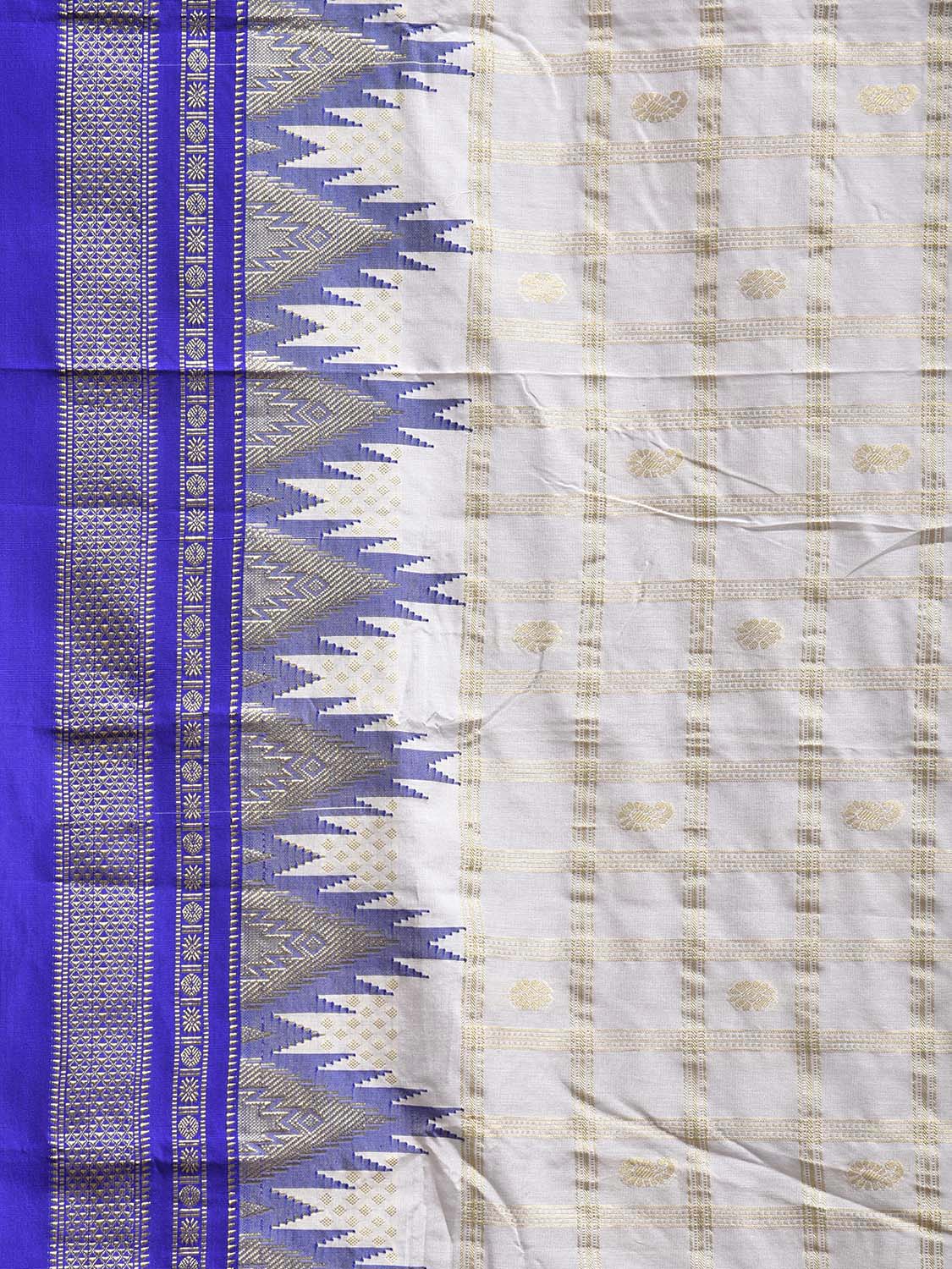 White and Blue ilkal Viscose Saree with Temple Border and Checks Design o0686