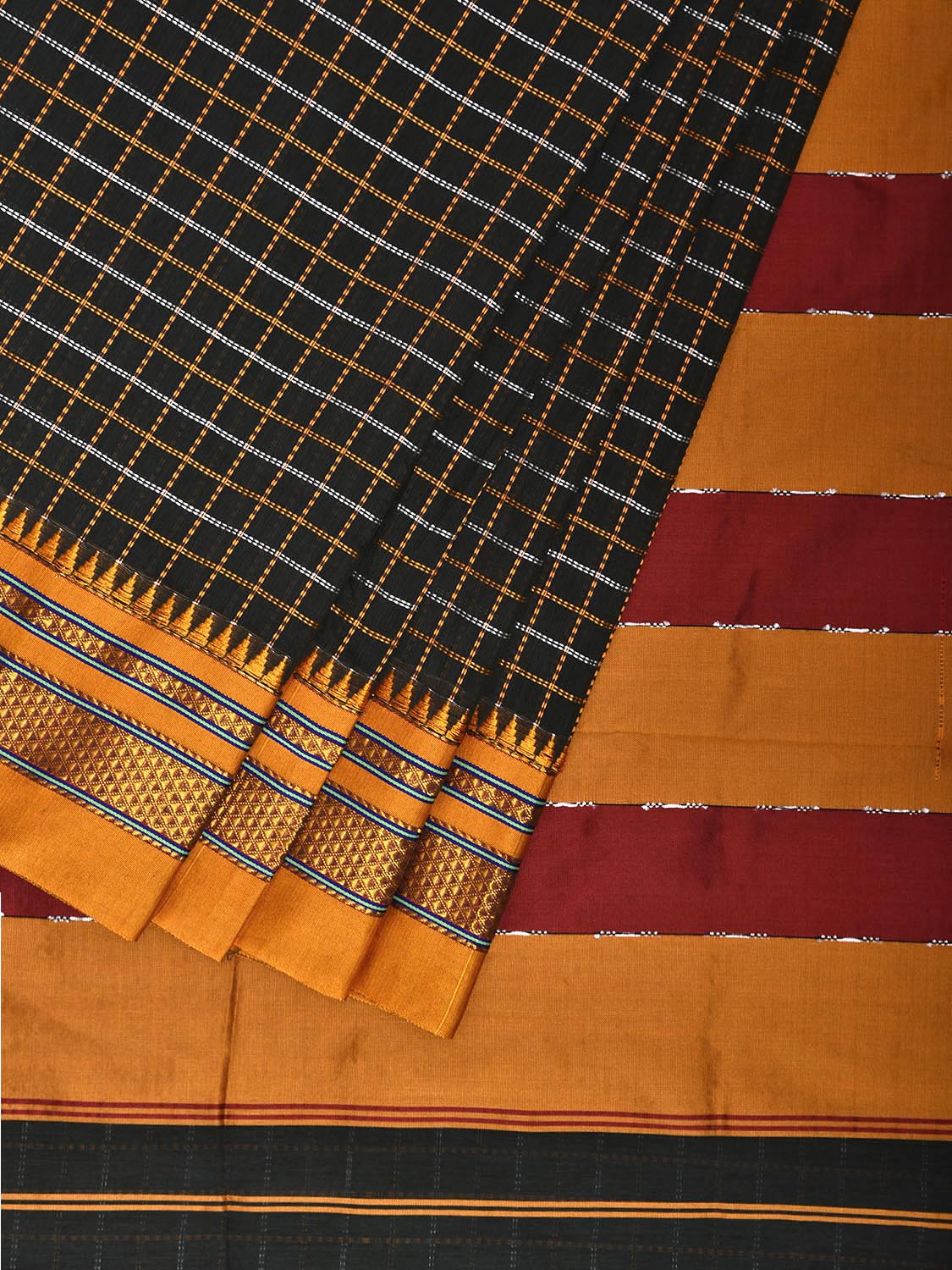 Dark Green and Yellow ilkal Cotton Viscose Saree with Checks and Strips Pallu Design o0687