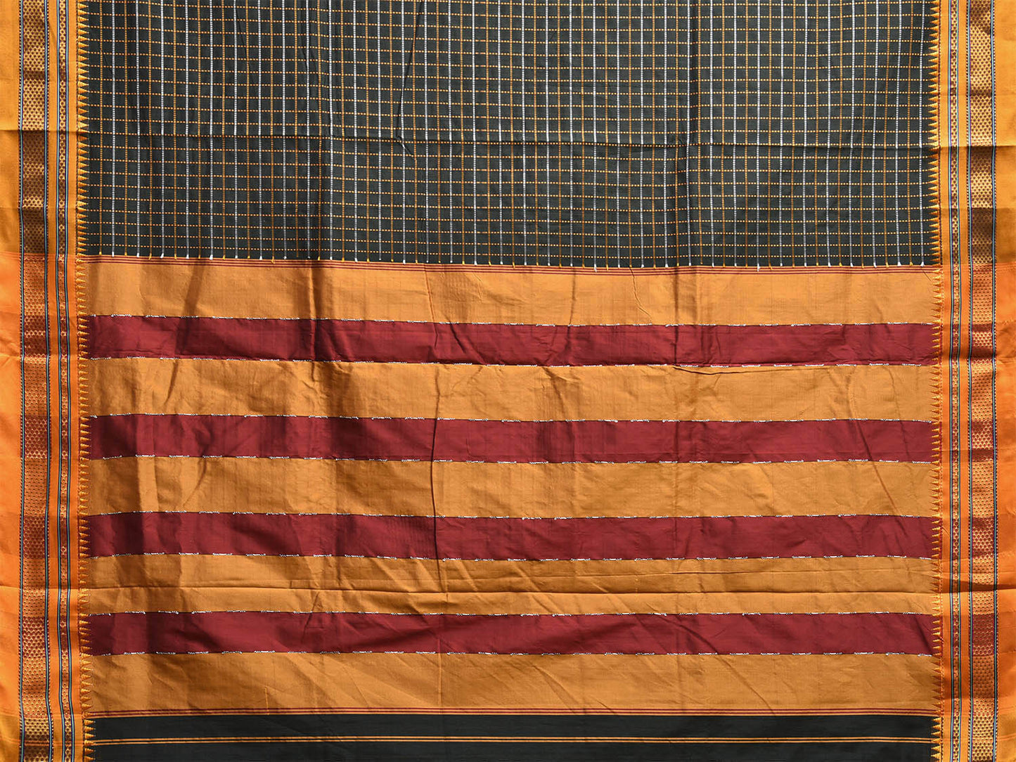 Dark Green and Yellow ilkal Cotton Viscose Saree with Checks and Strips Pallu Design o0687