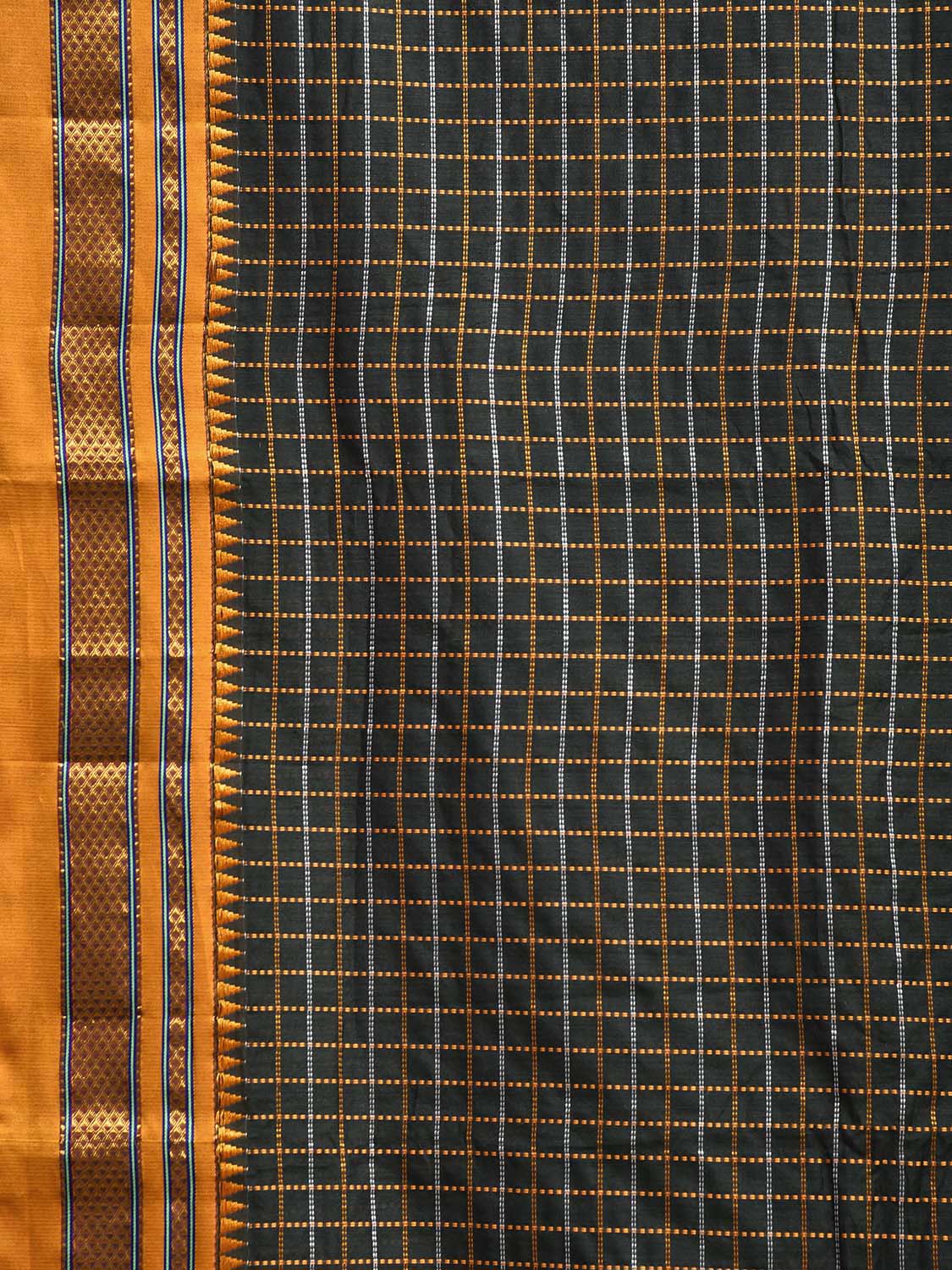 Dark Green and Yellow ilkal Cotton Viscose Saree with Checks and Strips Pallu Design o0687