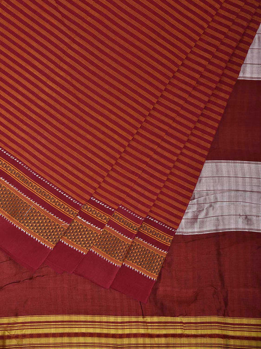 Dark Red and Orange ilkal Cotton Saree with Strips Body and Border Design o0688