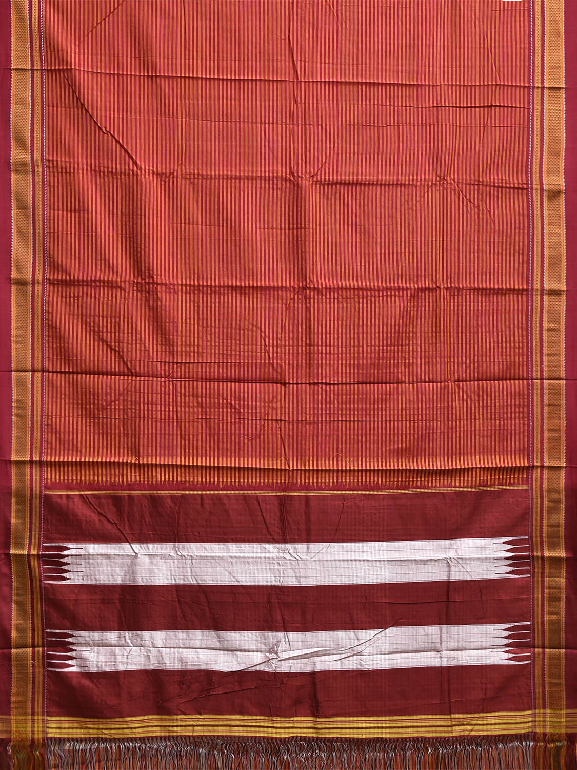 Dark Red and Orange ilkal Cotton Saree with Strips Body and Border Design o0688