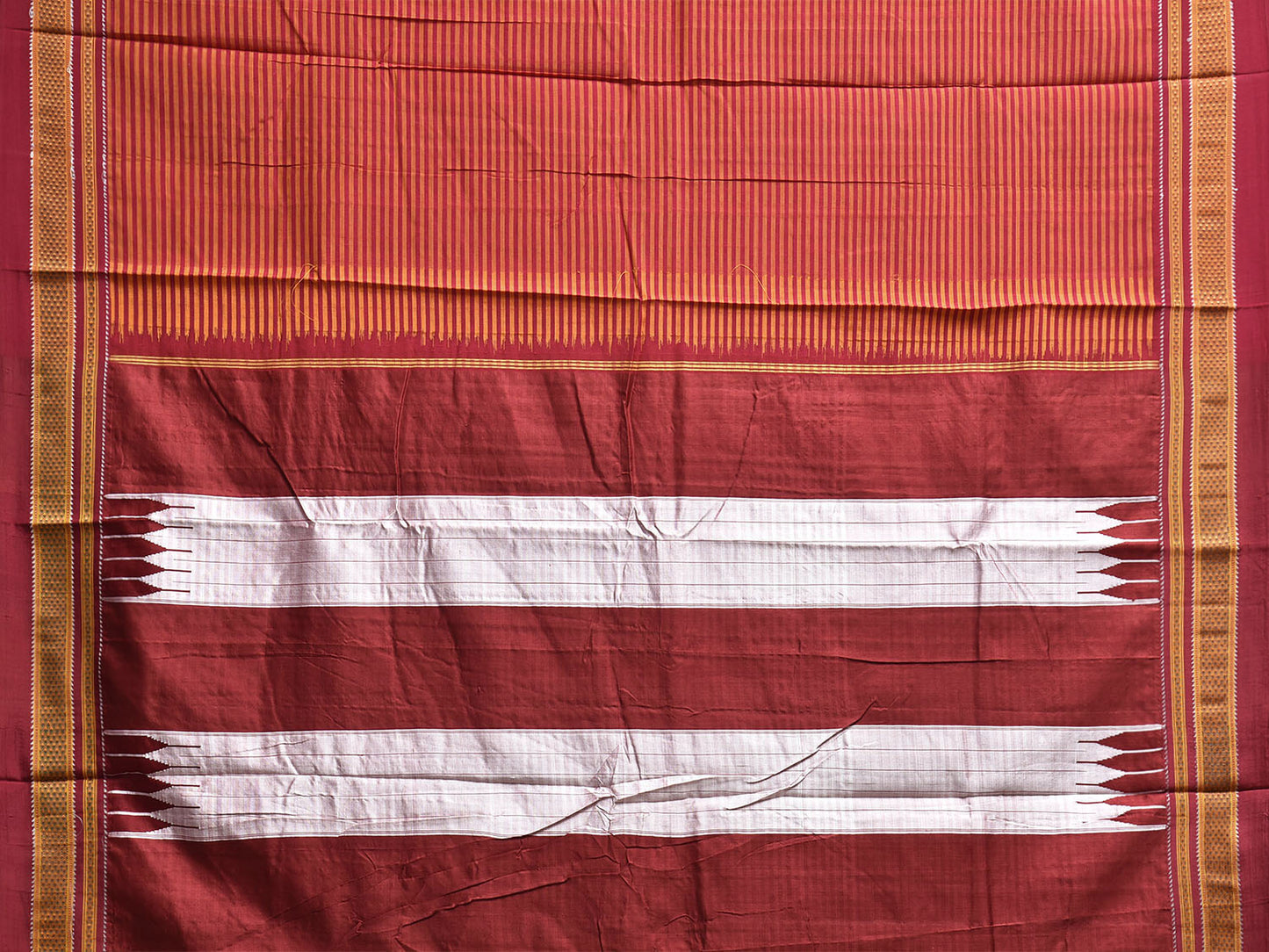 Dark Red and Orange ilkal Cotton Saree with Strips Body and Border Design o0688