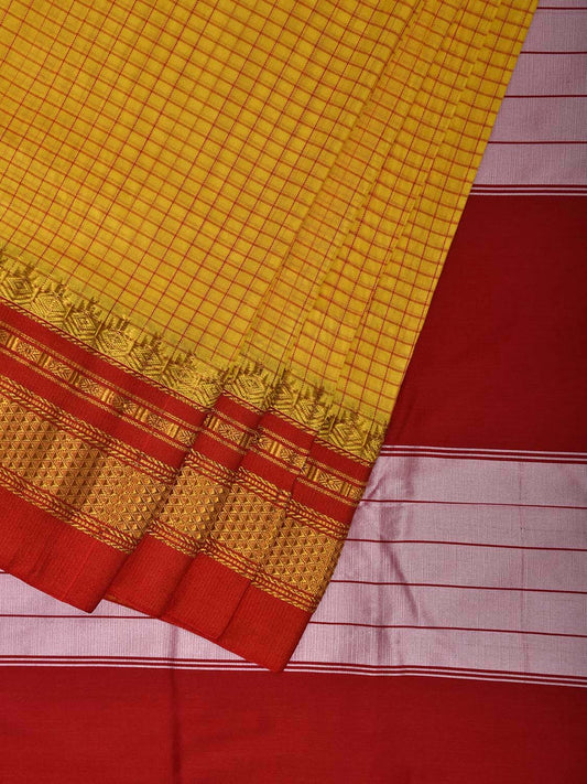 Yellow and Red ilkal Cotton Viscose Saree with Checks and Border Design o0689