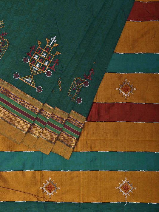 Green and Yellow Kasuti Cotton Viscose Saree with Strips Pallu Design No Blouse o0690