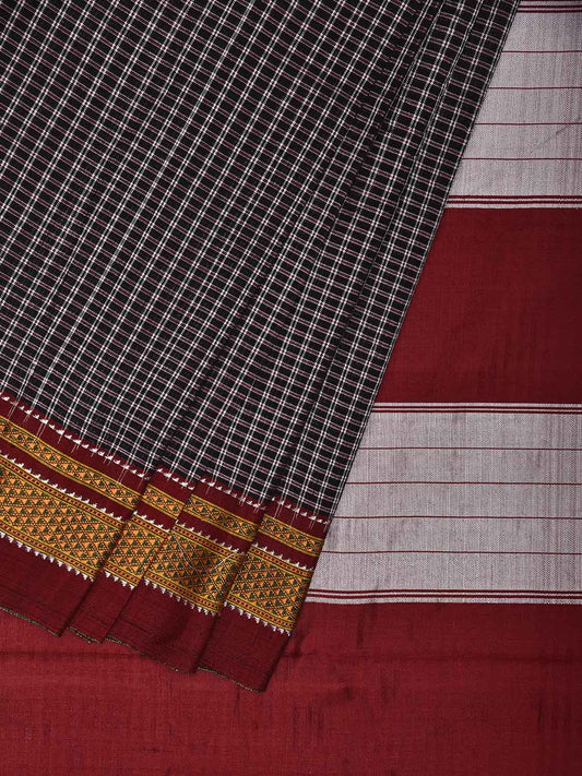 Black and Maroon ilkal Cotton Viscose Saree with Checks and Strips Pallu Design o0693