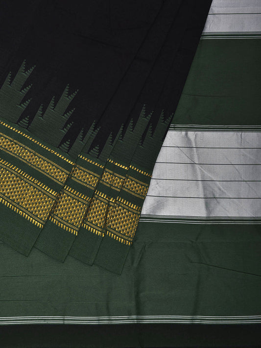 Black and Dark Green ilkal Cotton Viscose Saree with Strips Pallu and Temple Border Design o0695