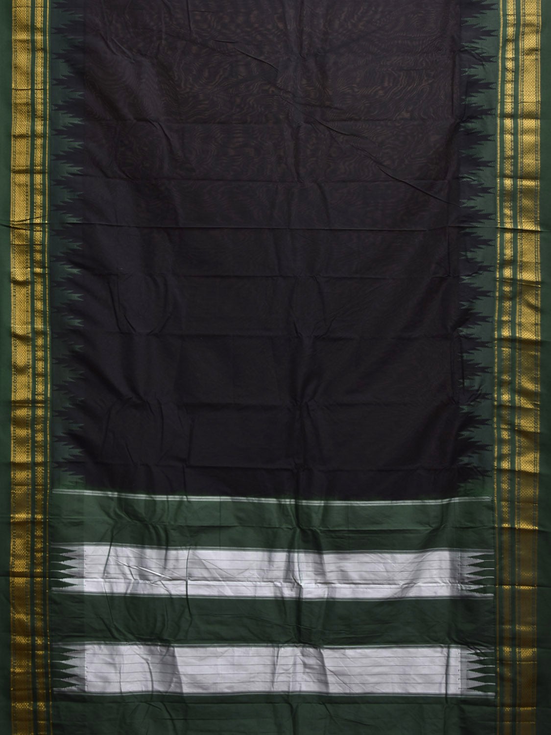 Black and Dark Green ilkal Cotton Viscose Saree with Strips Pallu and Temple Border Design o0695