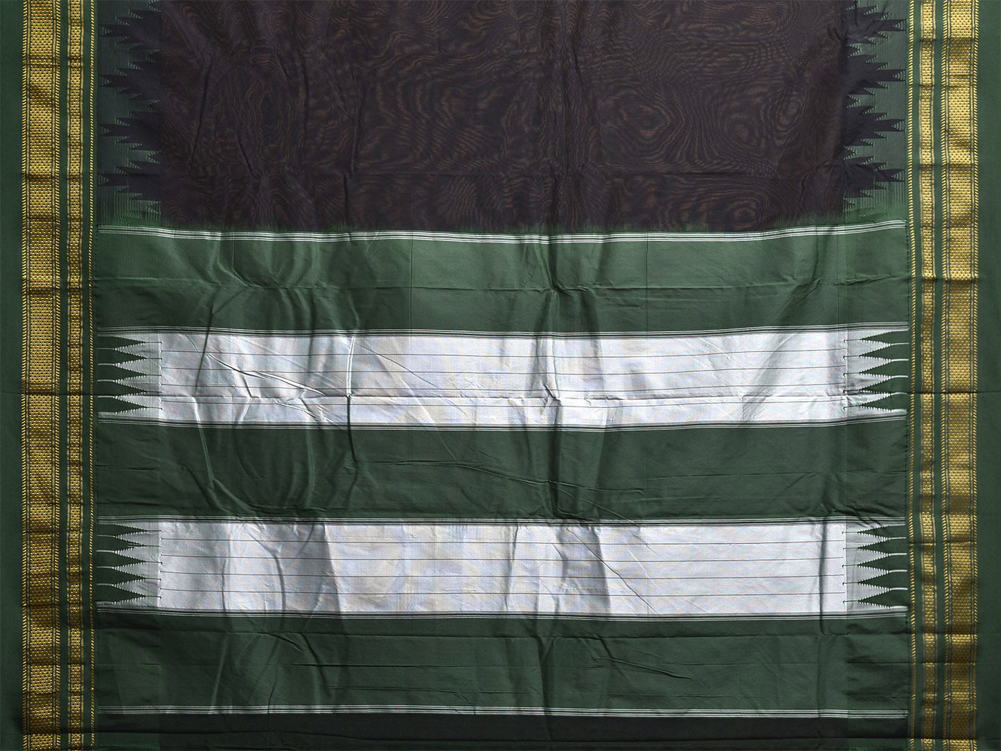 Black and Dark Green ilkal Cotton Viscose Saree with Strips Pallu and Temple Border Design o0695