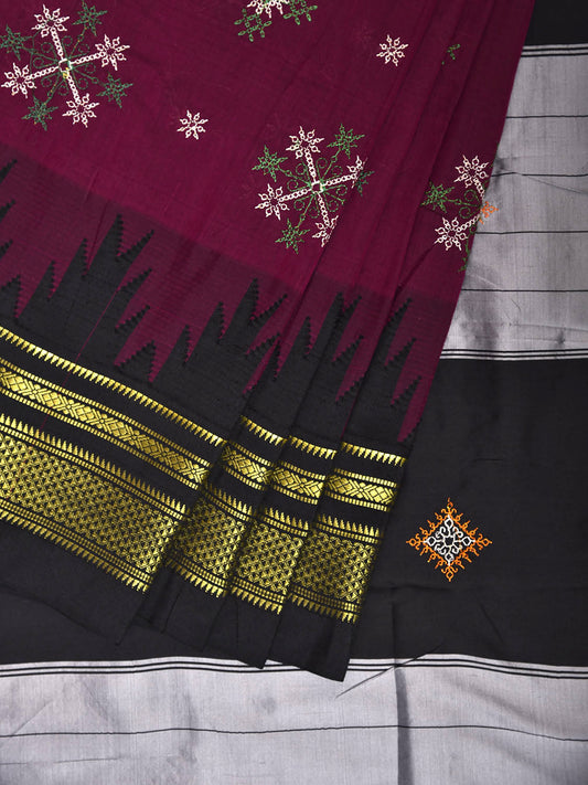 Purple and Black Kasuti Viscose Saree with Temple Border and Strips Pallu Design o0696