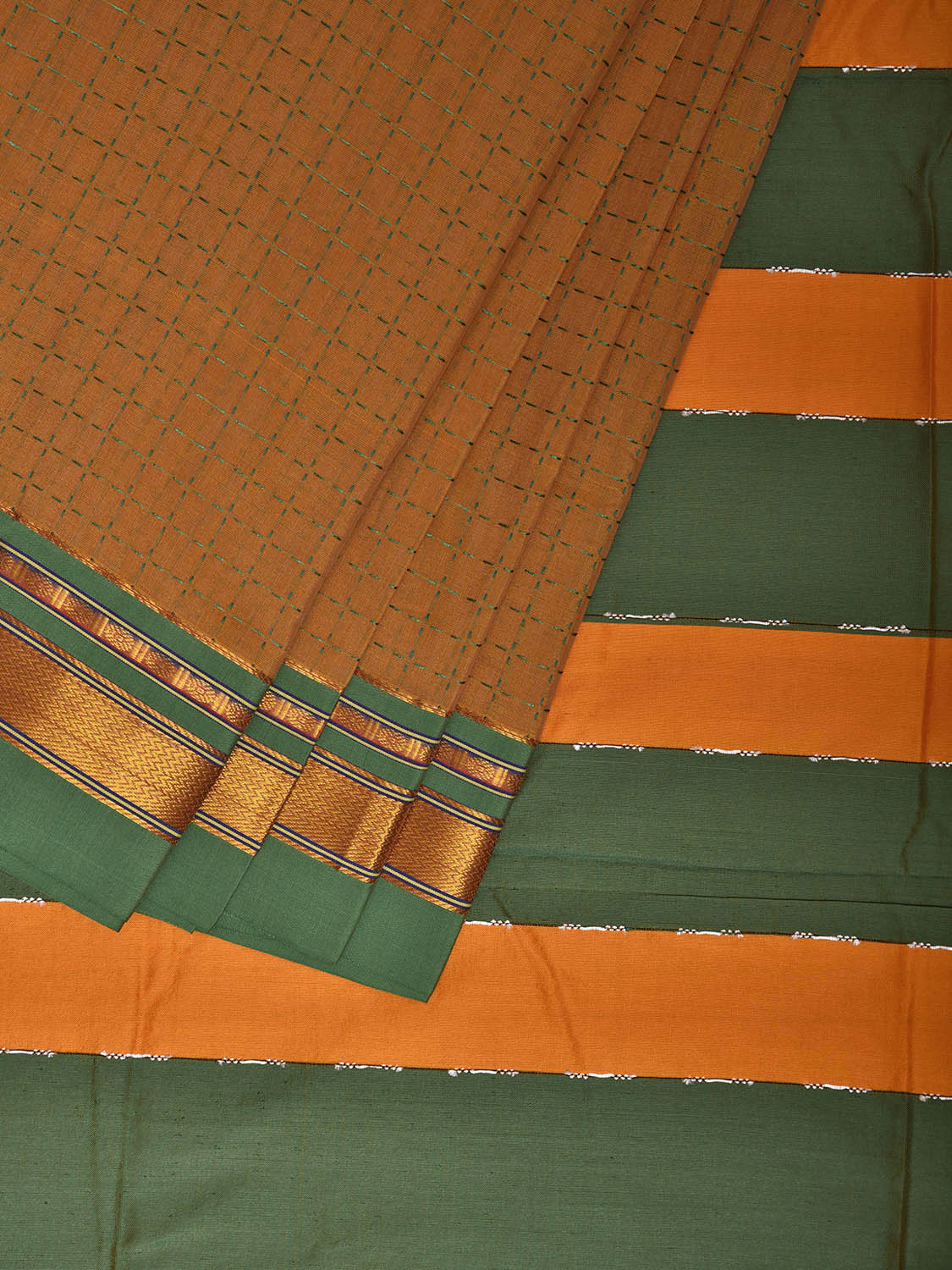 Mustard and Green ilkal Cotton Viscose Saree with Checks and Strips Pallu Design o0697