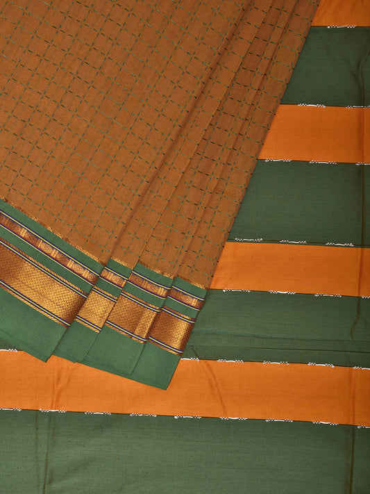 Mustard and Green ilkal Cotton Viscose Saree with Checks and Strips Pallu Design o0697