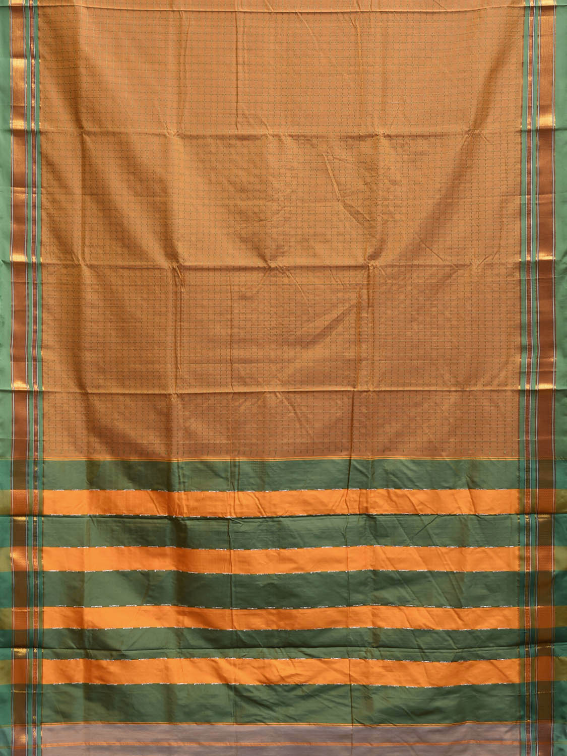 Mustard and Green ilkal Cotton Viscose Saree with Checks and Strips Pallu Design o0697