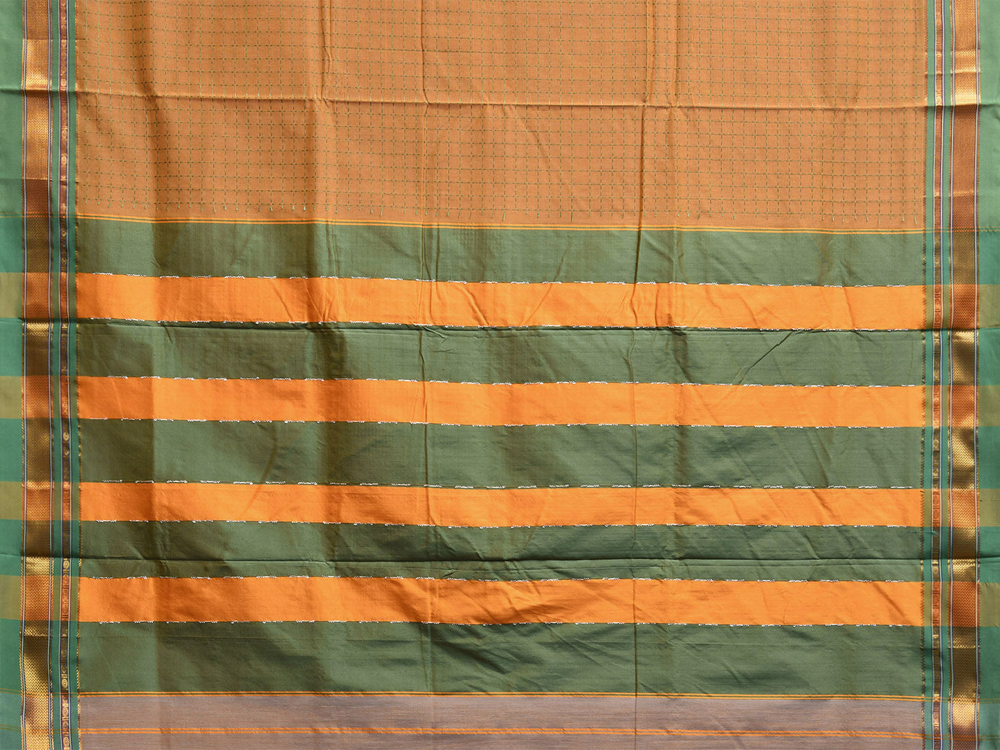 Mustard and Green ilkal Cotton Viscose Saree with Checks and Strips Pallu Design o0697