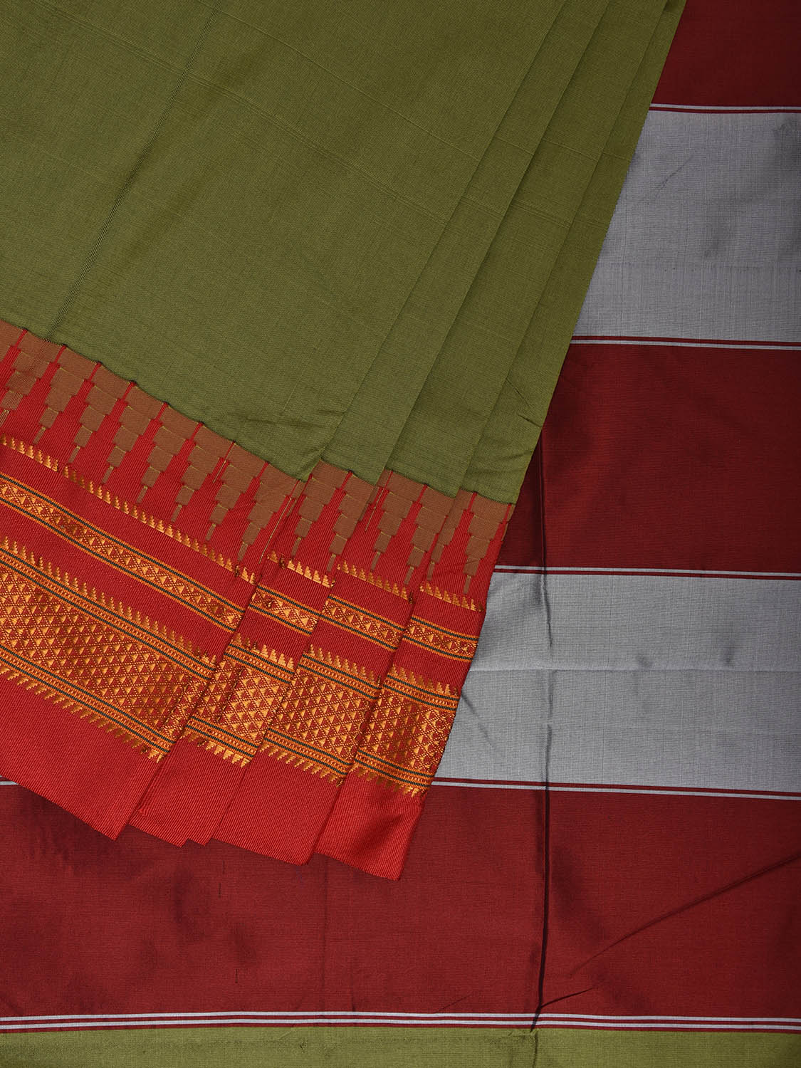Olive and Red ilkal Viscose Saree with Strips Pallu and Temple Border Design o0698