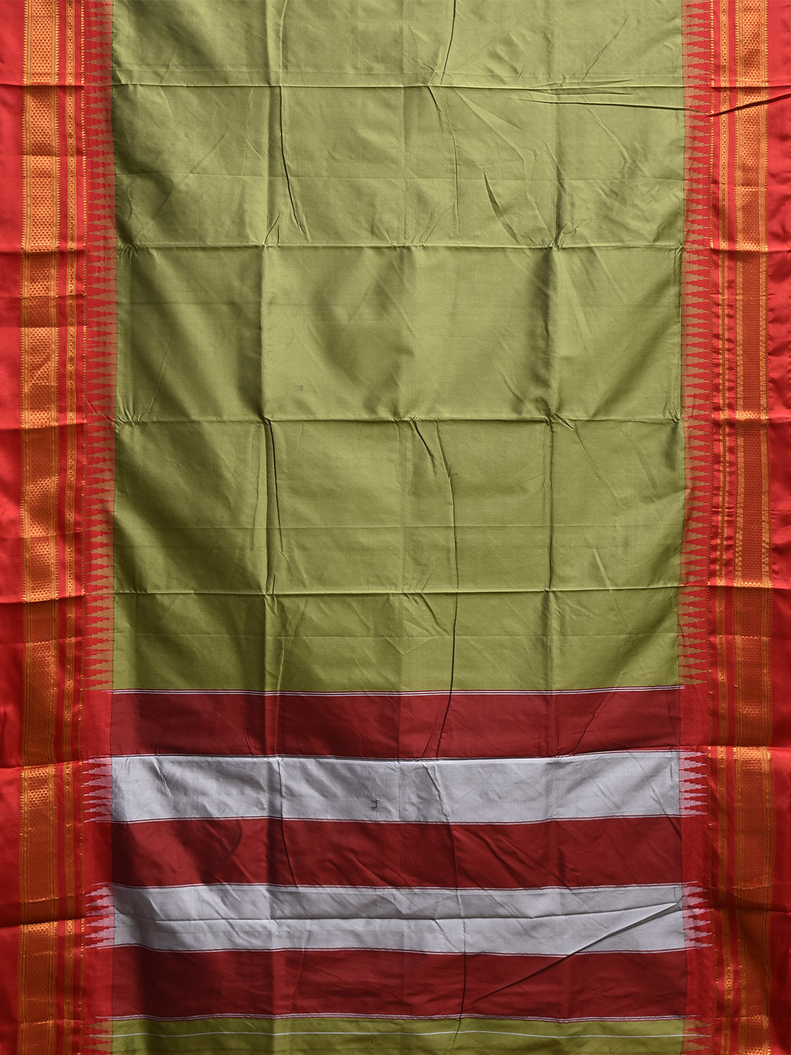 Olive and Red ilkal Viscose Saree with Strips Pallu and Temple Border Design o0698