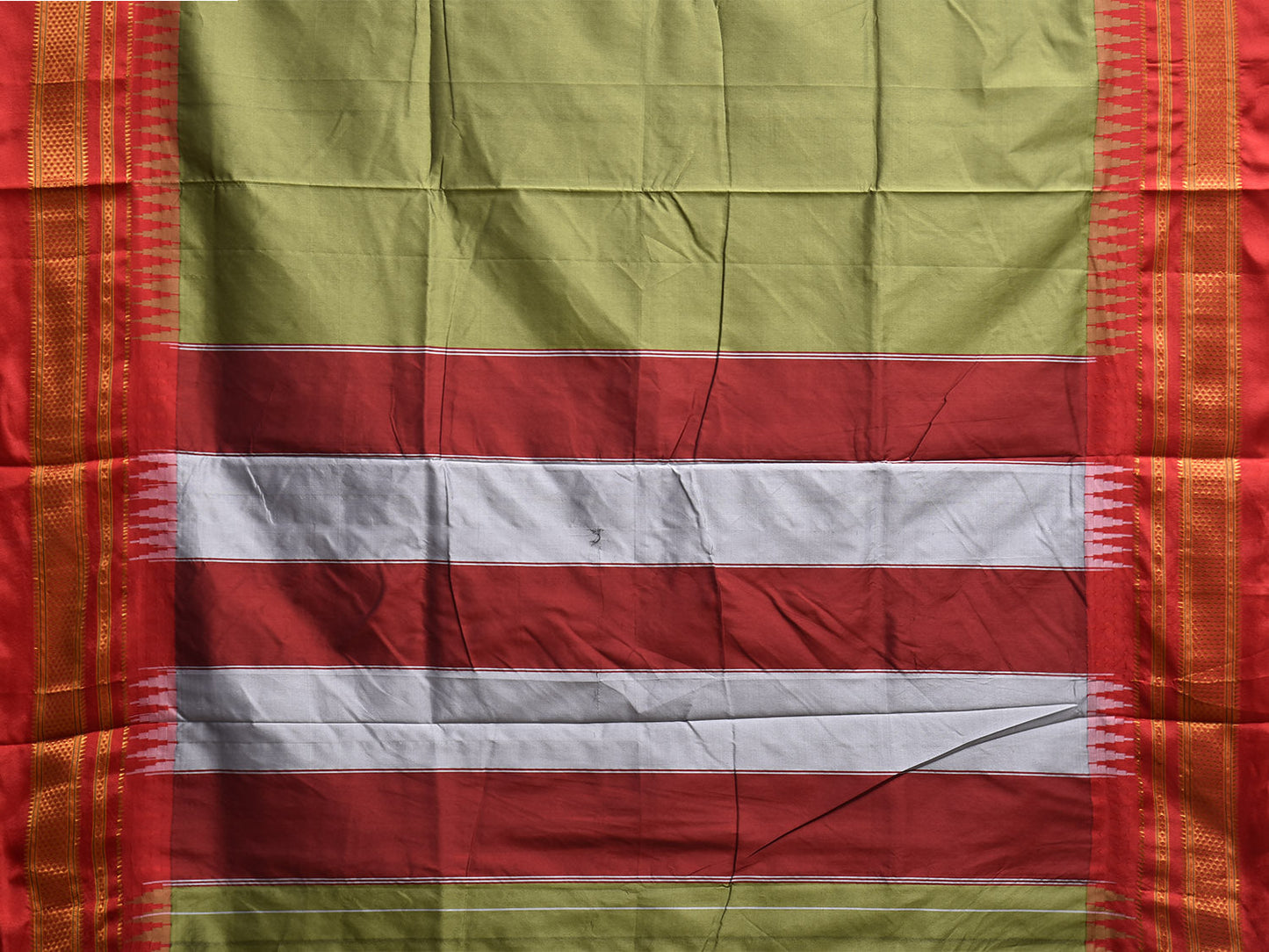 Olive and Red ilkal Viscose Saree with Strips Pallu and Temple Border Design o0698