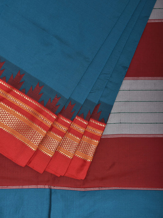 Blue and Red ilkal Viscose Saree with Strips Pallu and Temple Border Design o0699