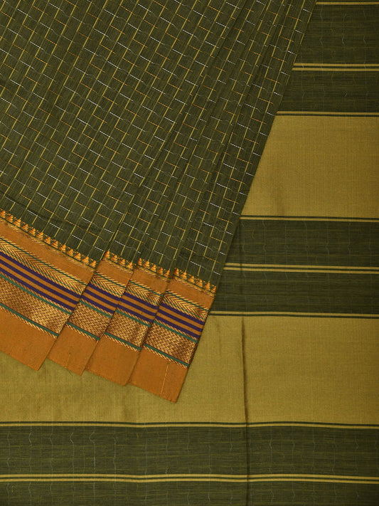Olive ilkal Cotton Viscose Saree with Checks and Strips Pallu Design No Blouse o0700