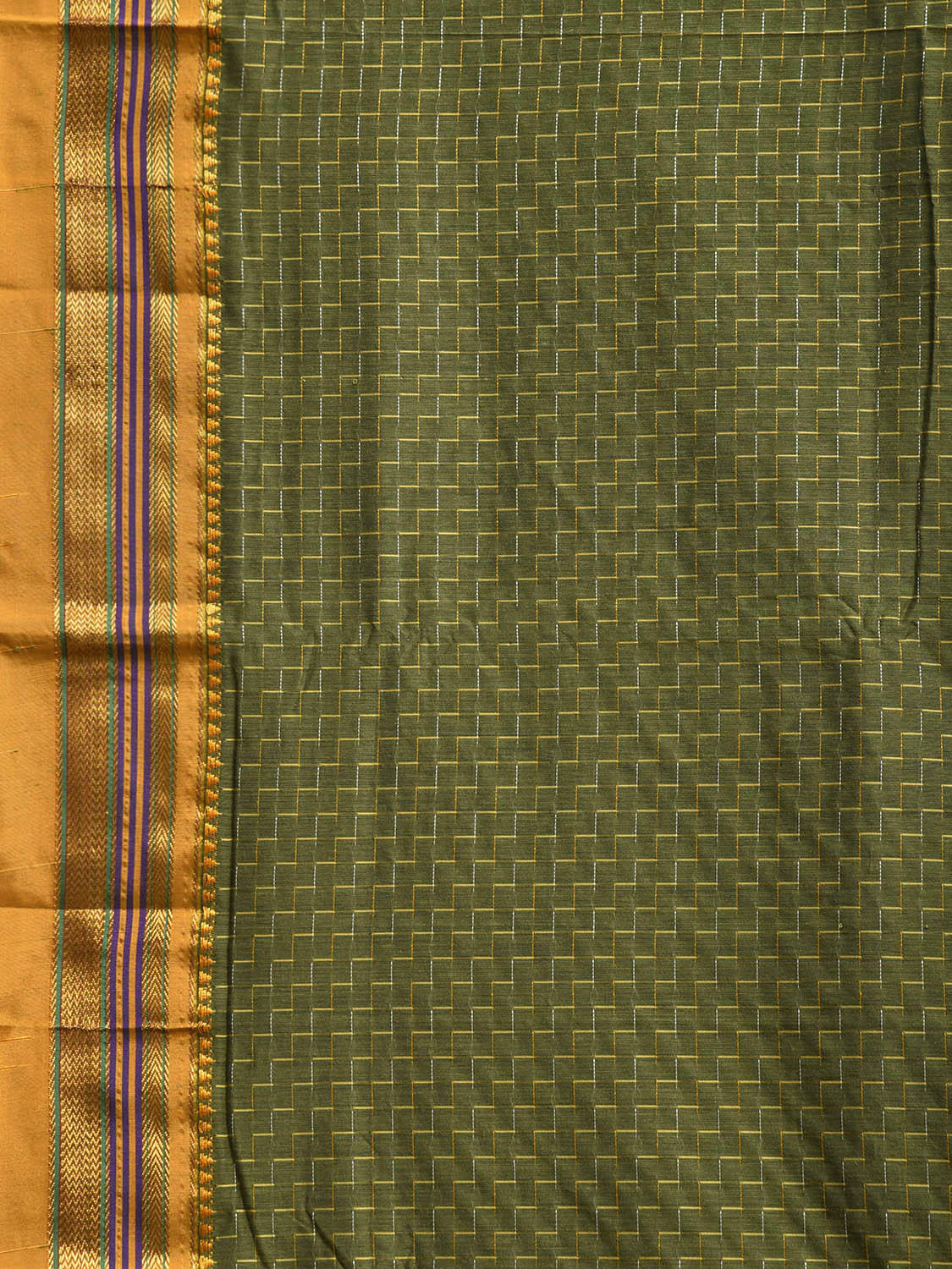 Olive ilkal Cotton Viscose Saree with Checks and Strips Pallu Design No Blouse o0700