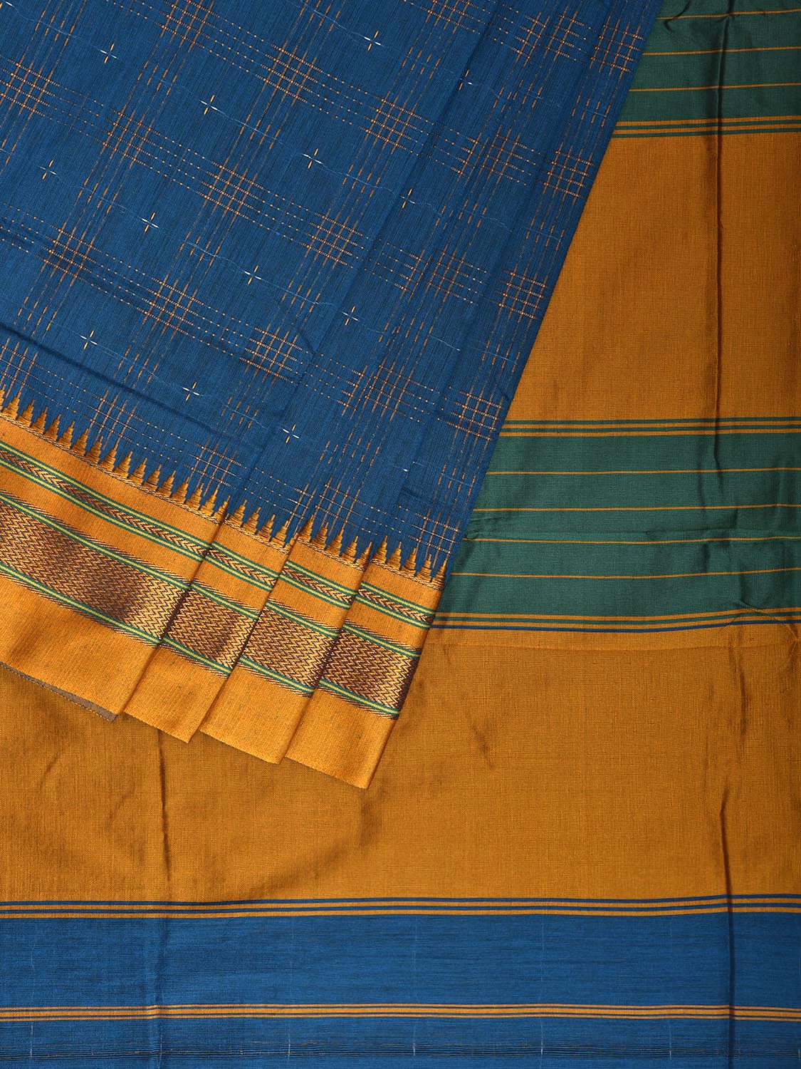 Blue and Yellow ilkal Cotton Viscose Saree with Strips Pallu Design No Blouse o0701