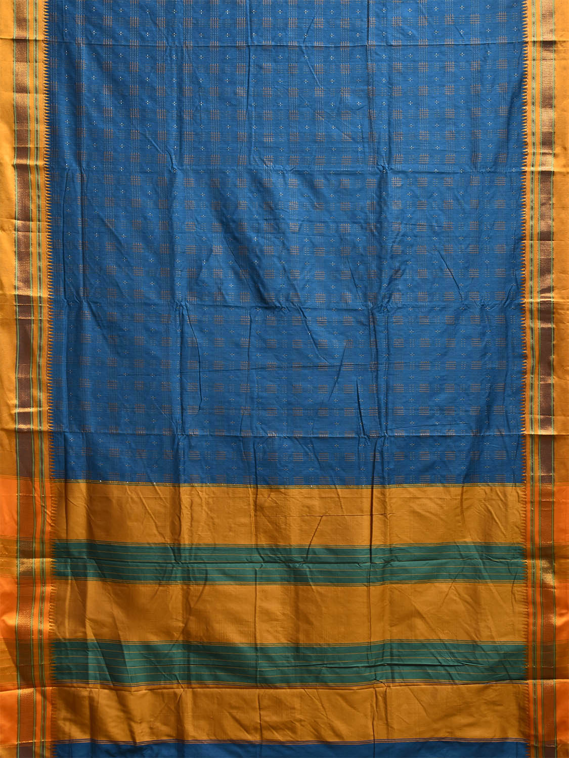 Blue and Yellow ilkal Cotton Viscose Saree with Strips Pallu Design No Blouse o0701