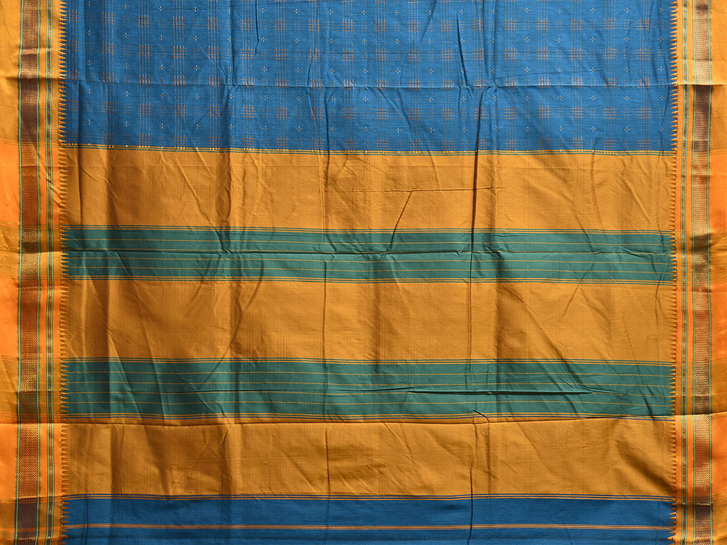 Blue and Yellow ilkal Cotton Viscose Saree with Strips Pallu Design No Blouse o0701