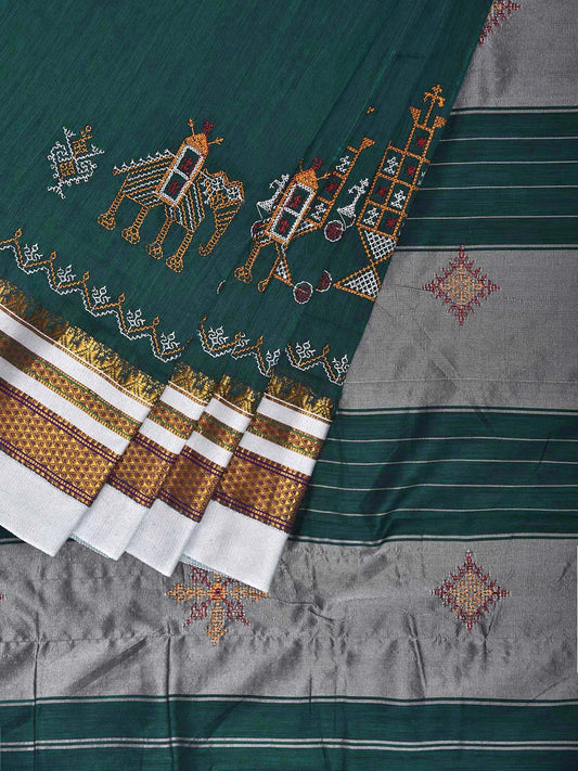Green and White Kasuti Viscose Saree with Elephant Border and Strips Pallu Design No Blouse o0702