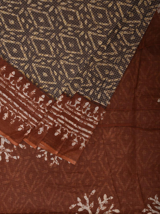 Grey and Brown Batik Print Cotton Saree with All Over Body and Pallu Design o0703
