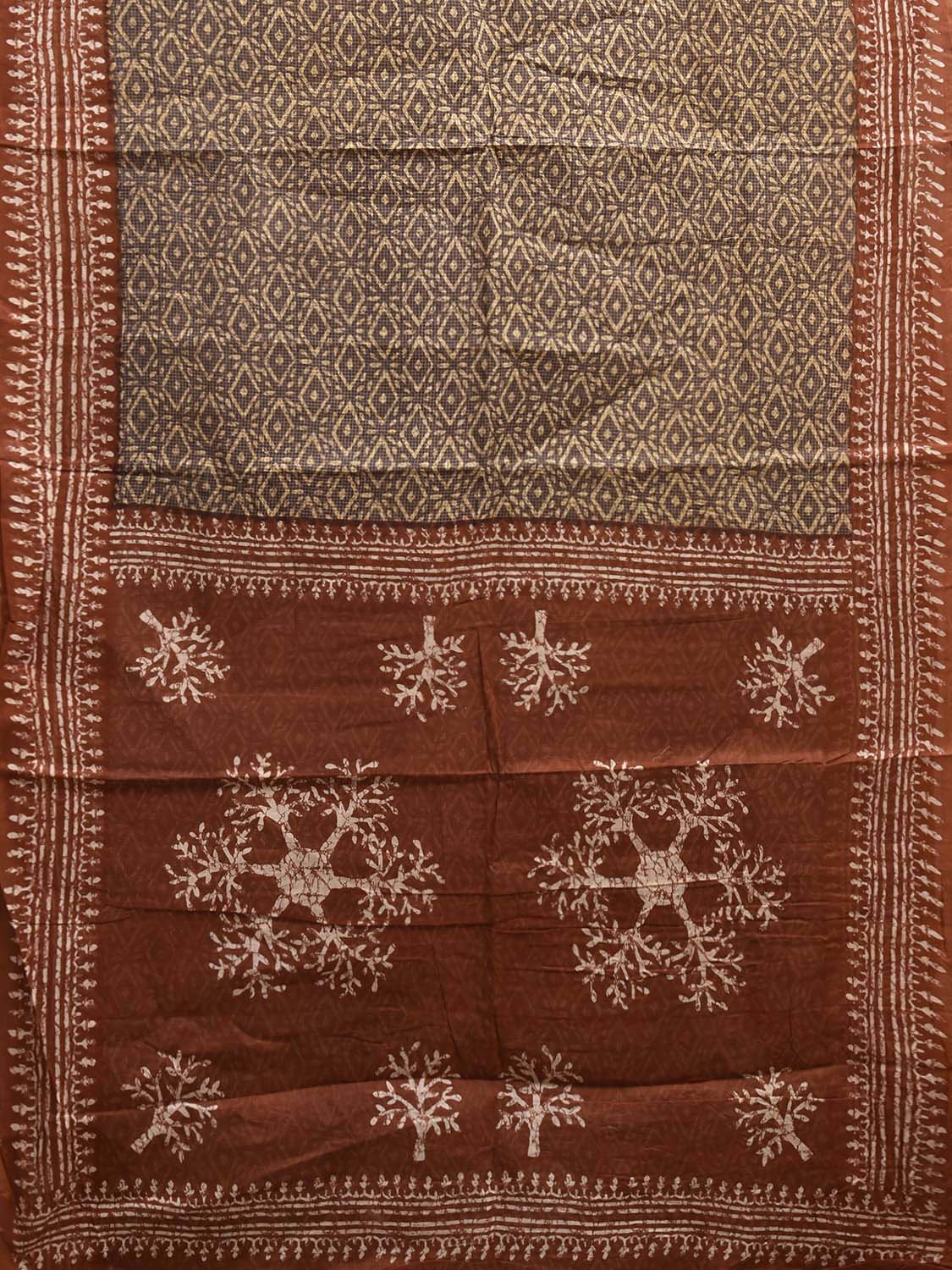 Grey and Brown Batik Print Cotton Saree with All Over Body and Pallu Design o0703
