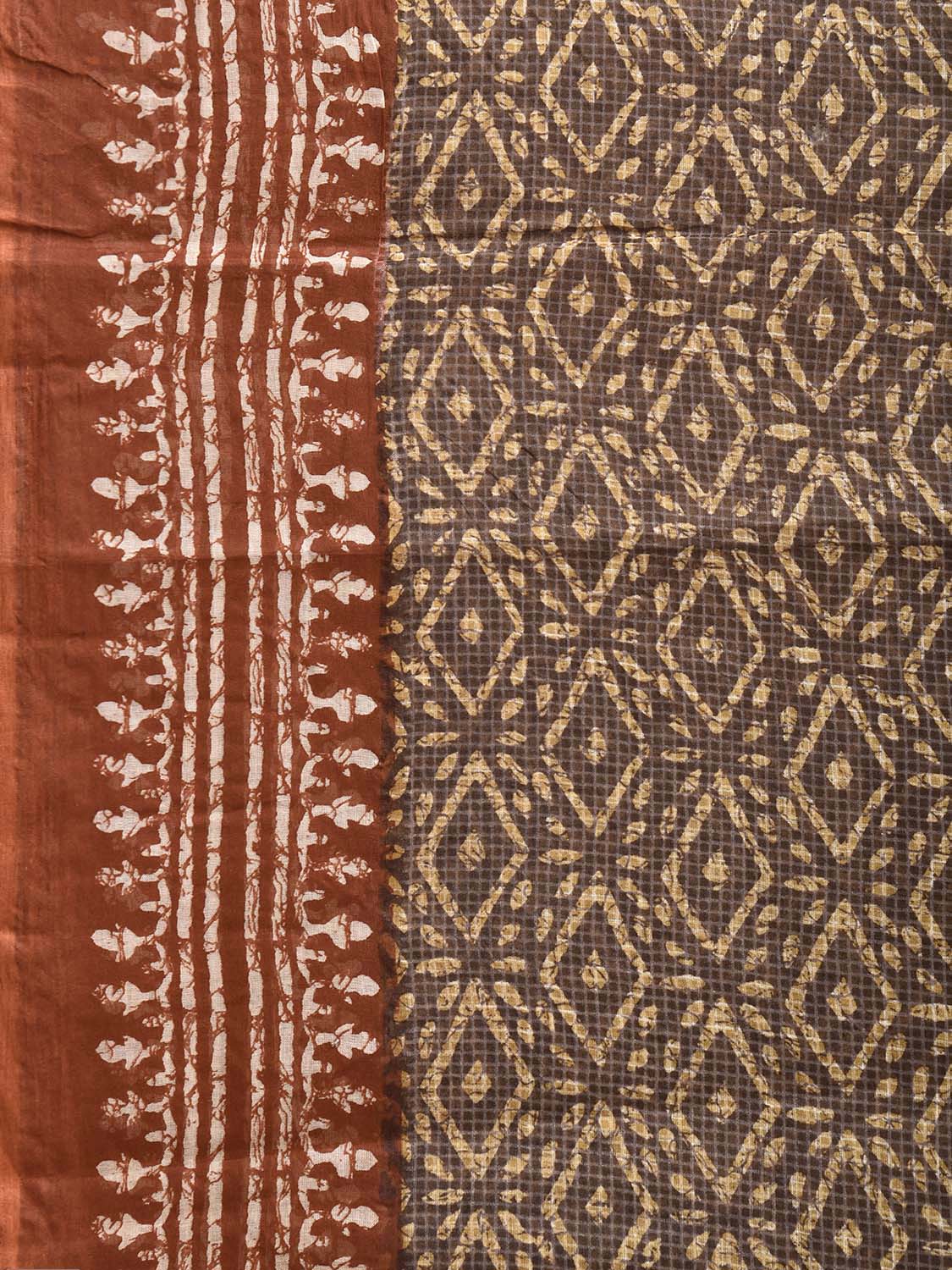 Grey and Brown Batik Print Cotton Saree with All Over Body and Pallu Design o0703