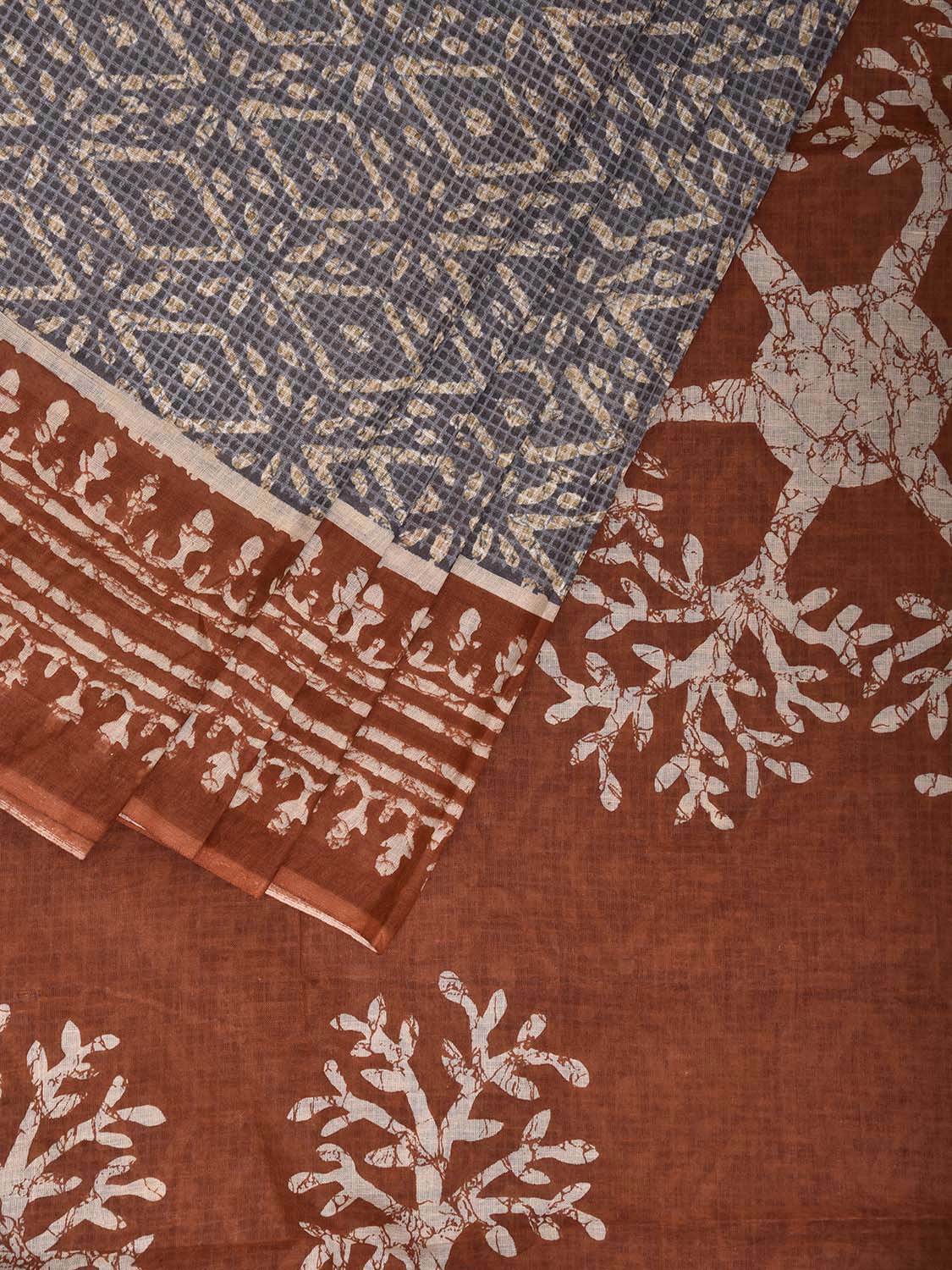 Light Grey and Brown Batik Print Cotton Saree with All Over Body and Pallu Design o0704