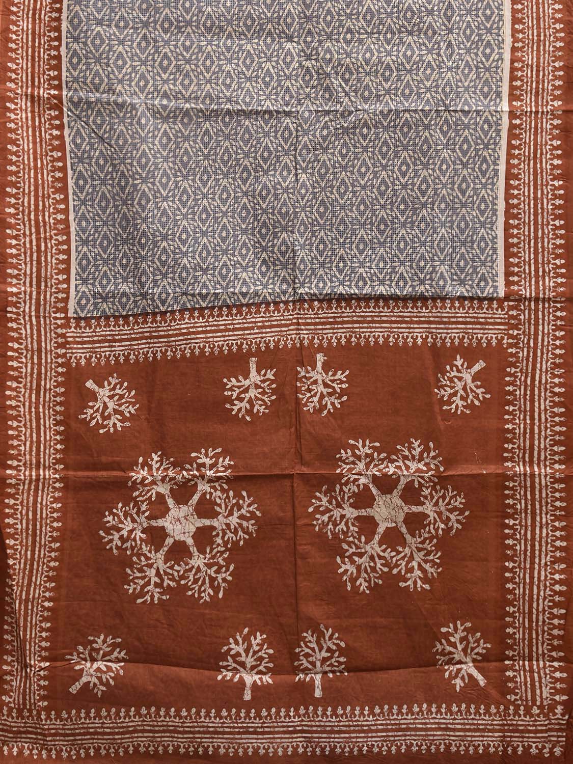 Light Grey and Brown Batik Print Cotton Saree with All Over Body and Pallu Design o0704