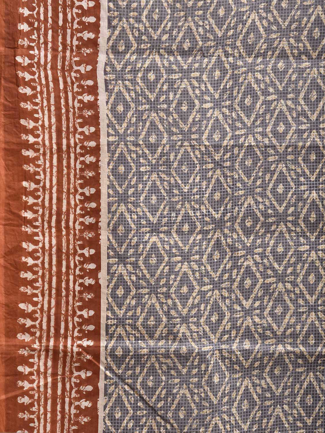 Light Grey and Brown Batik Print Cotton Saree with All Over Body and Pallu Design o0704