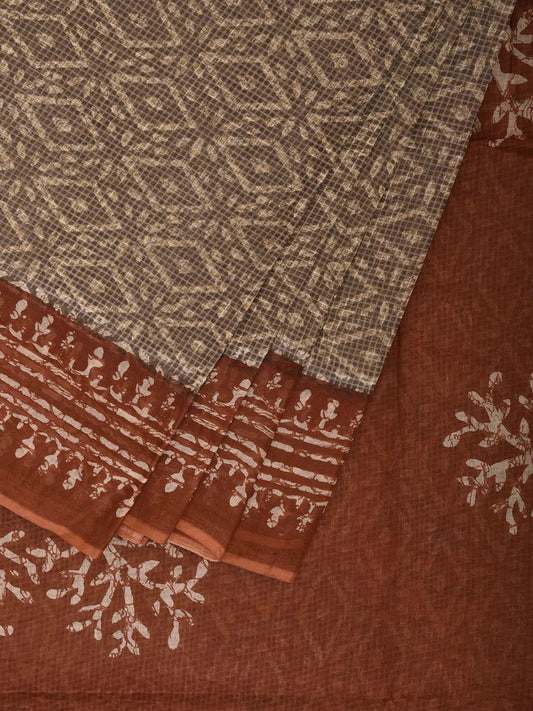 Cream and Brown Batik Print Cotton Saree with All Over Body and Pallu Design o0705
