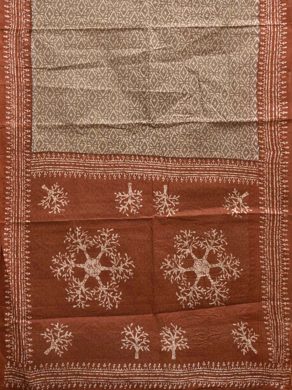 Cream and Brown Batik Print Cotton Saree with All Over Body and Pallu Design o0705