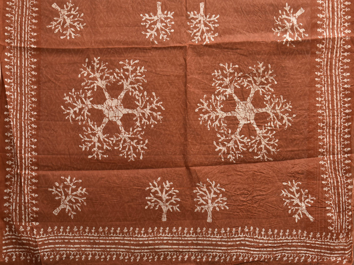 Cream and Brown Batik Print Cotton Saree with All Over Body and Pallu Design o0705