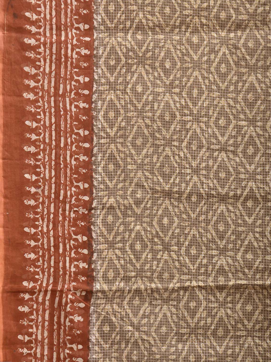 Cream and Brown Batik Print Cotton Saree with All Over Body and Pallu Design o0705
