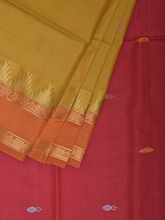 Yellow and Pink Banana Silk Saree with Small Buta and Temple Border Design o0706