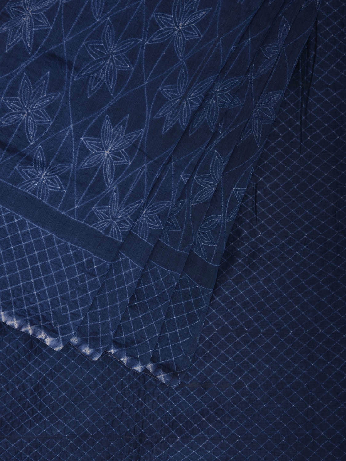 Dark Blue Shibori Cotton Silk Saree with Grill Border and Floral Design o0711