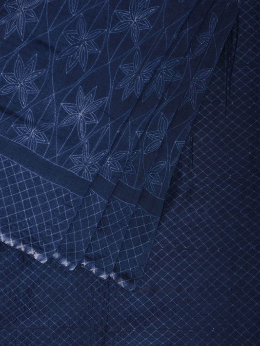 Dark Blue Shibori Cotton Silk Saree with Grill Border and Floral Design o0711