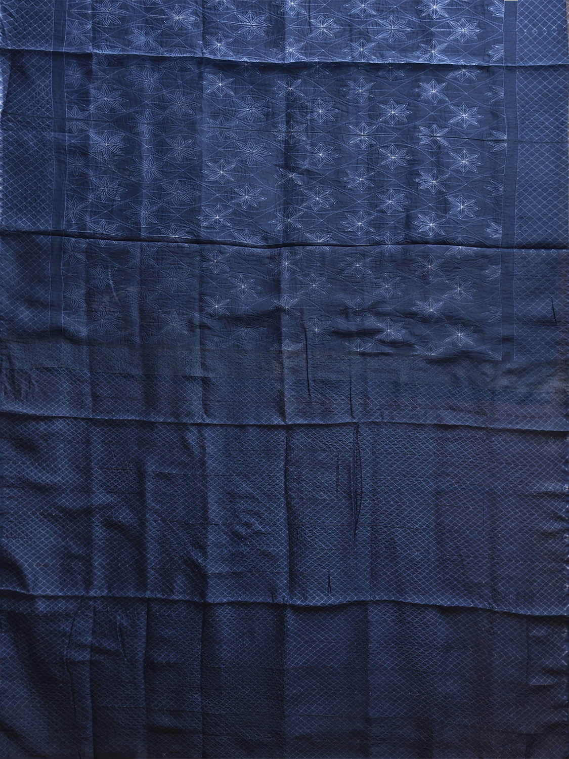 Dark Blue Shibori Cotton Silk Saree with Grill Border and Floral Design o0711