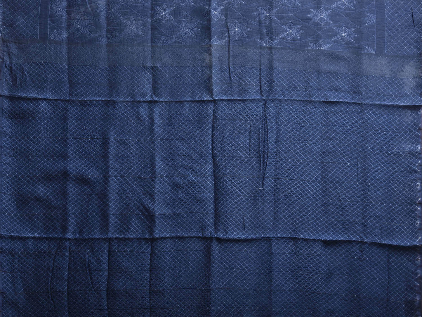 Dark Blue Shibori Cotton Silk Saree with Grill Border and Floral Design o0711