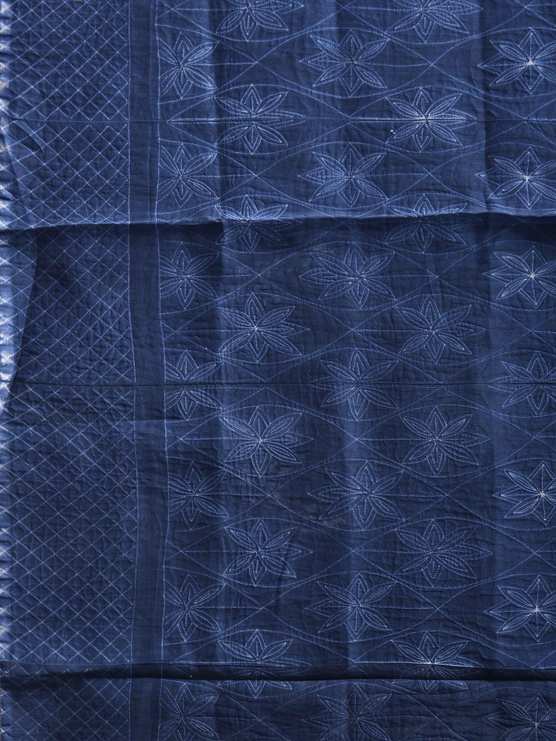 Dark Blue Shibori Cotton Silk Saree with Grill Border and Floral Design o0711